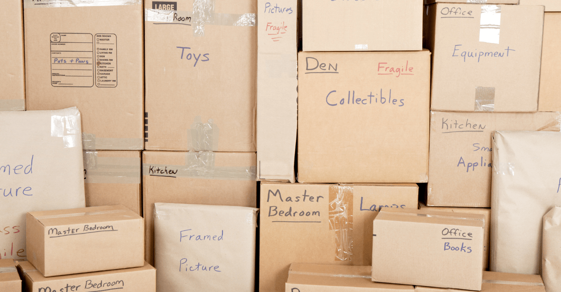 Labelled boxes in storage unit
