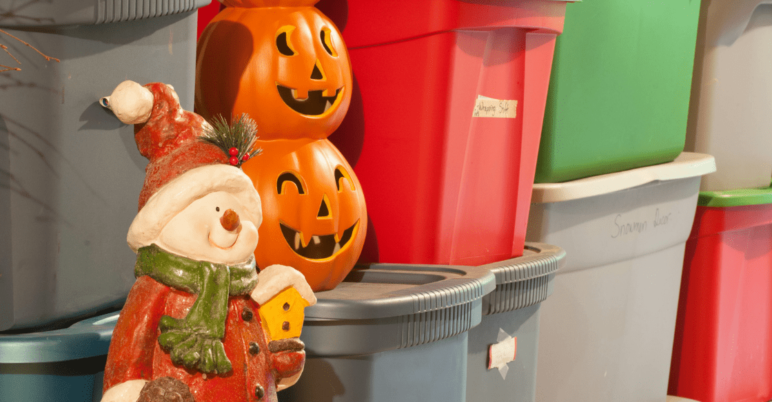 Holiday decorations in storage.